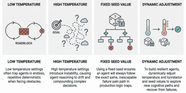 Why Agents Fail: The Role of Seed Values and Temperature in Agentic Loops